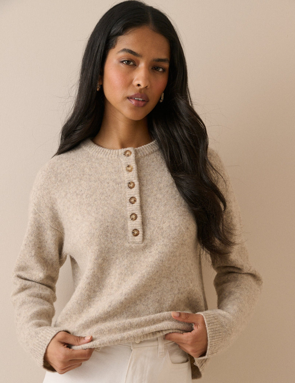 Cream Relaxed Fit Henley Jumper
