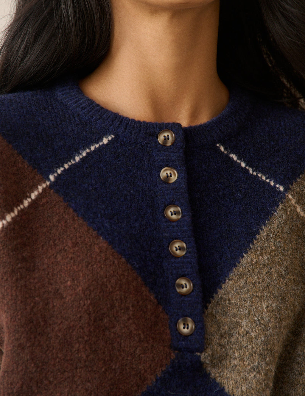Navy Argyle Ribbed Trim Henley Jumper