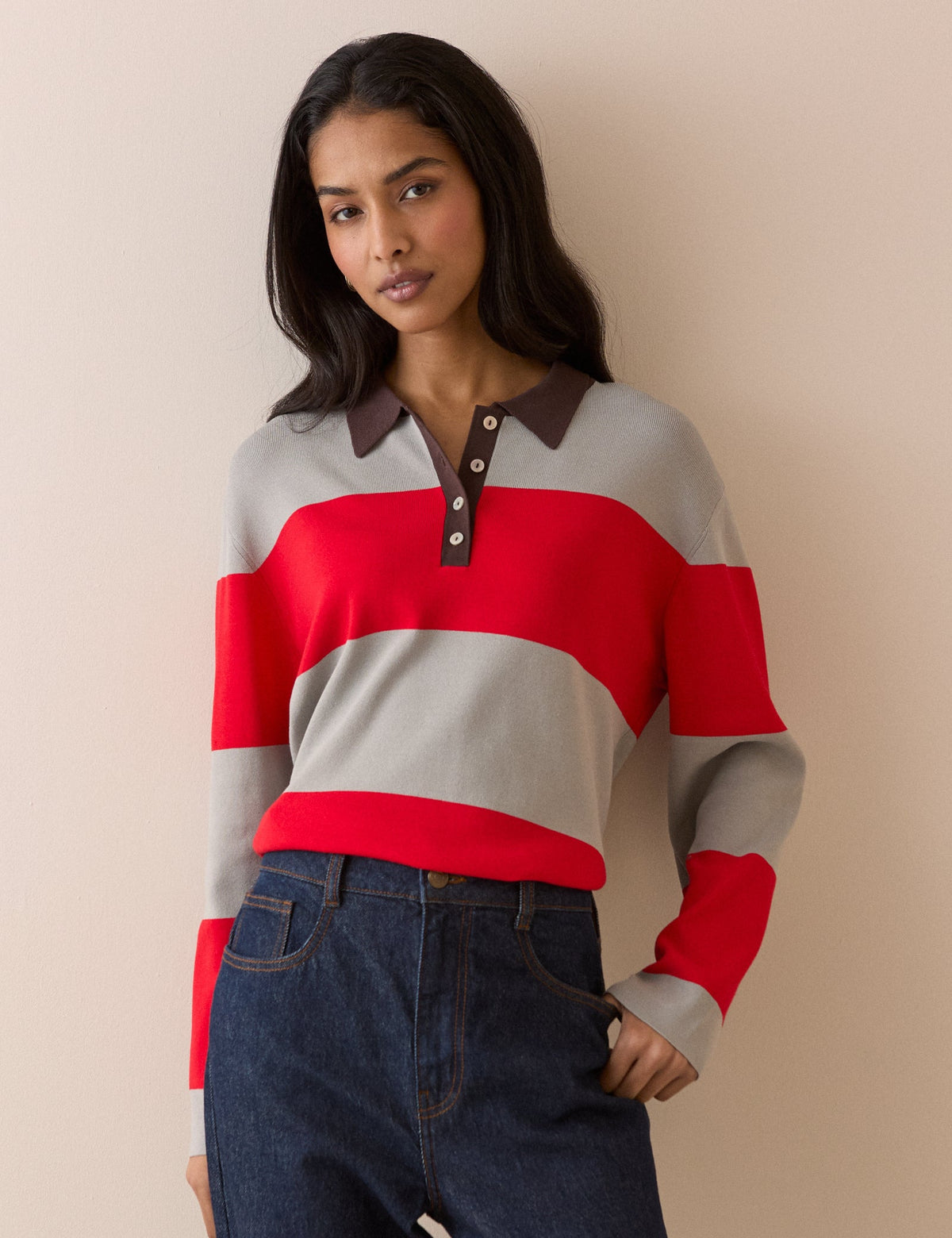Grey and Red Striped Knit Polo Top