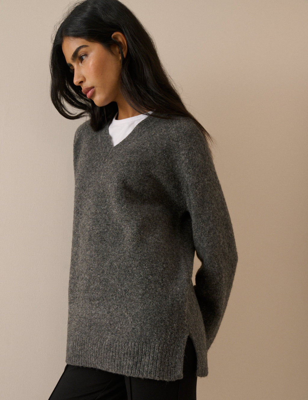 Grey Marl V-Neck Longline Jumper