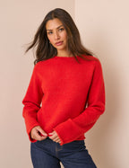 Red Ribbed Trim Boat Neck Jumper