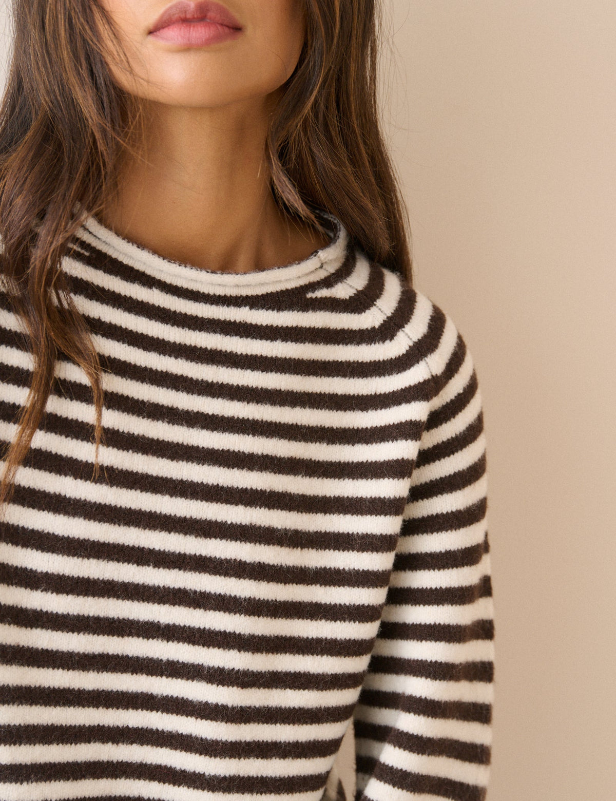 Brown Striped Ribbed Trim Boat Neck Jumper