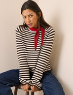 Brown Striped Ribbed Trim Boat Neck Jumper