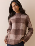 Brown Check Brushed Funnel Neck Jumper