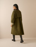 Khaki Cord Detail Long Barn Coat