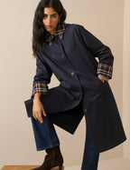 Navy Collared Tartan Trim Car Coat