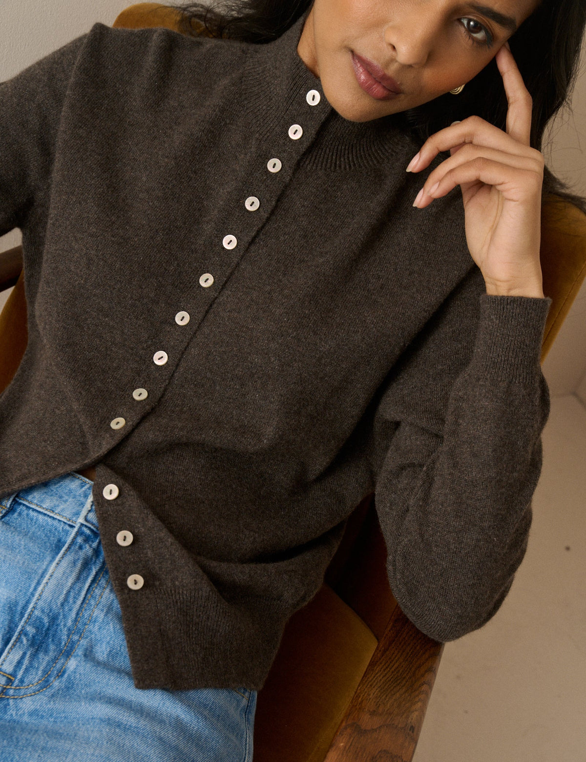 Brown Marl Cashmere Funnel Neck Cardigan