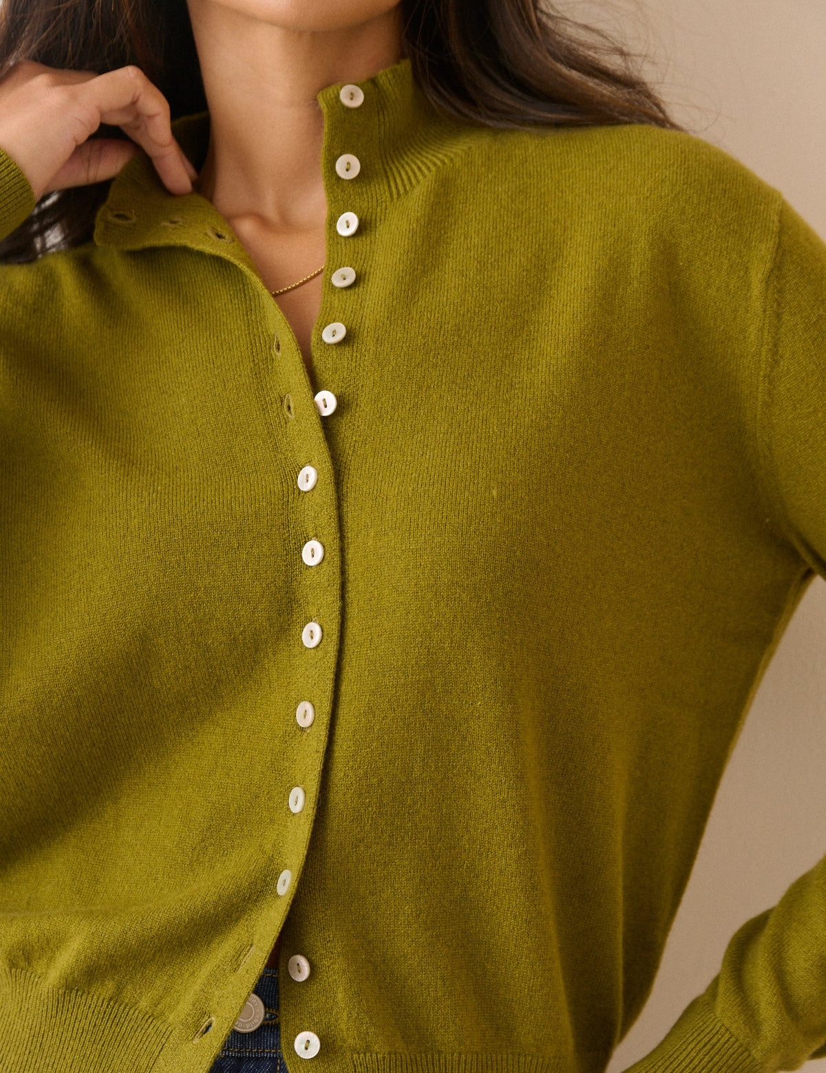 Olive Green Cashmere Funnel Neck Cardigan