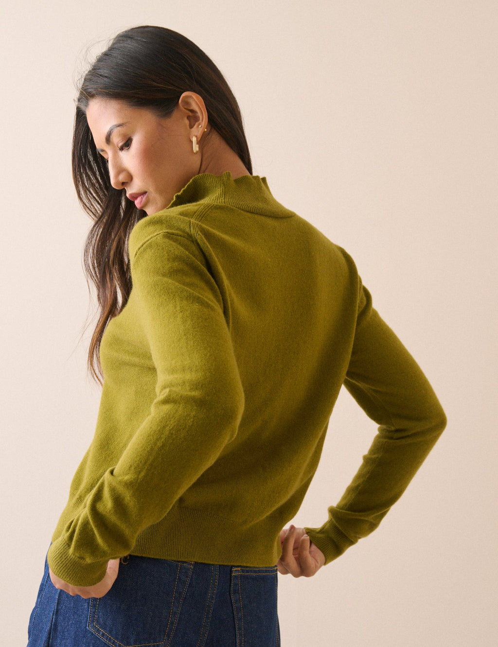 Olive Green Cashmere Funnel Neck Cardigan
