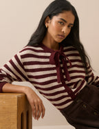 Burgundy and Cream Striped Tie Neck Cardigan