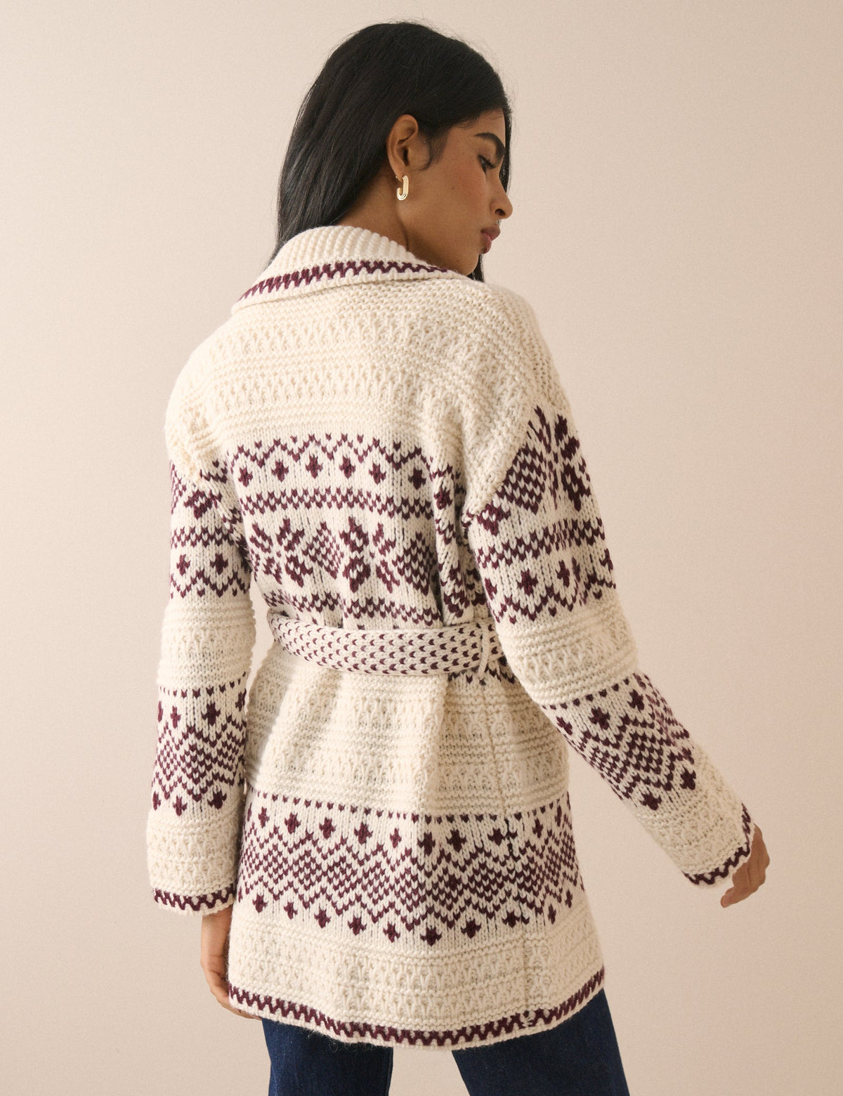Burgundy and Cream Fair Isle Print Wrap Cardigan