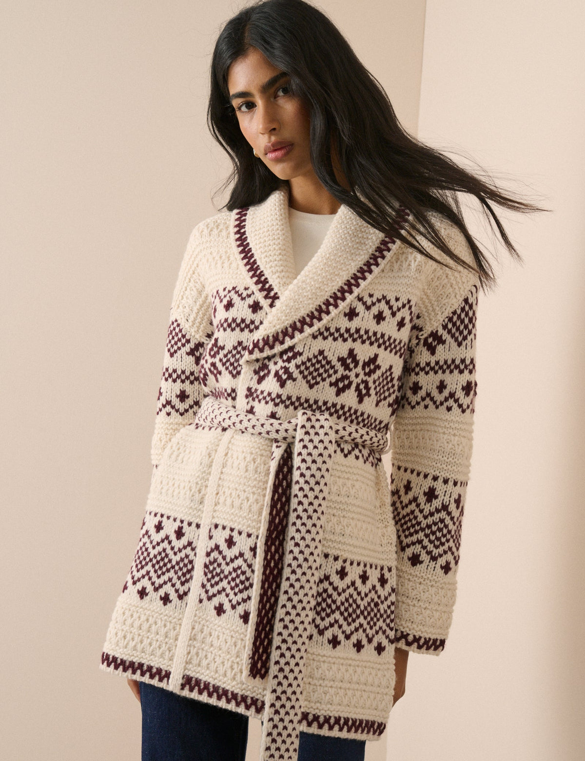 Burgundy and Cream Fair Isle Print Wrap Cardigan