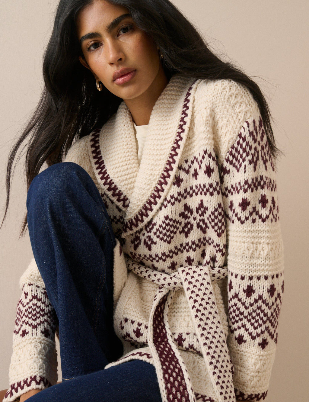Burgundy and Cream Fair Isle Print Wrap Cardigan