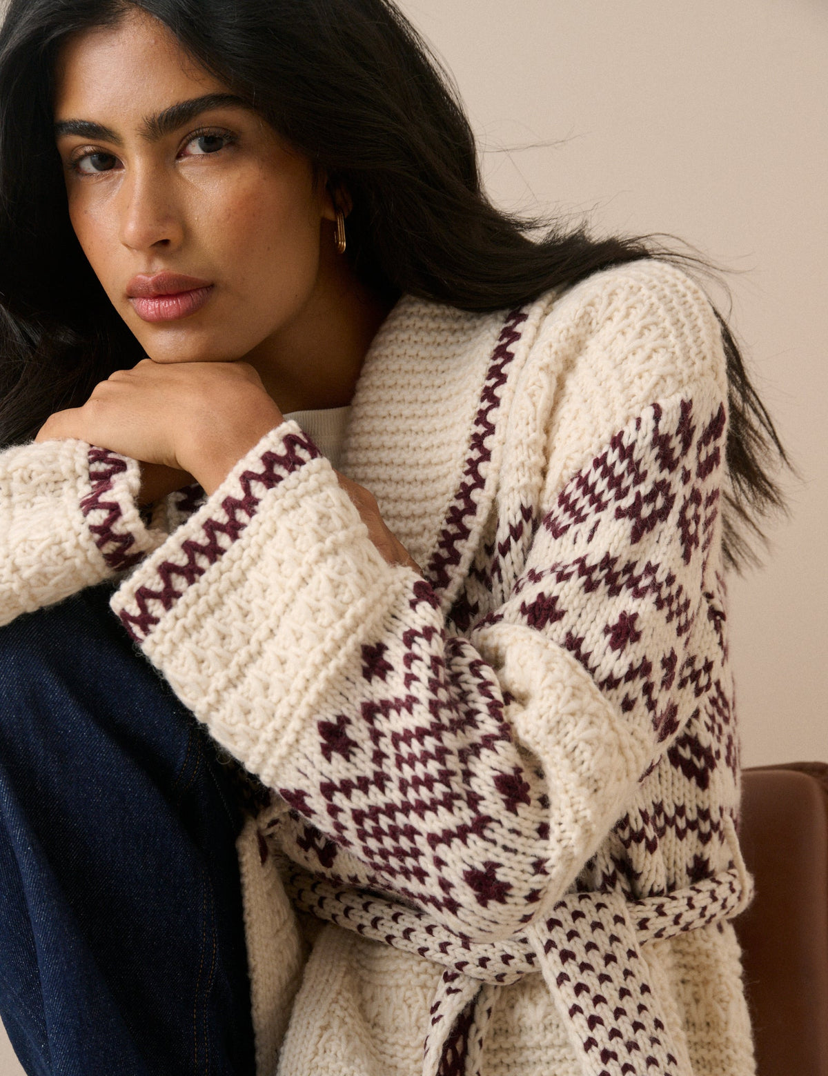 Burgundy and Cream Fair Isle Print Wrap Cardigan