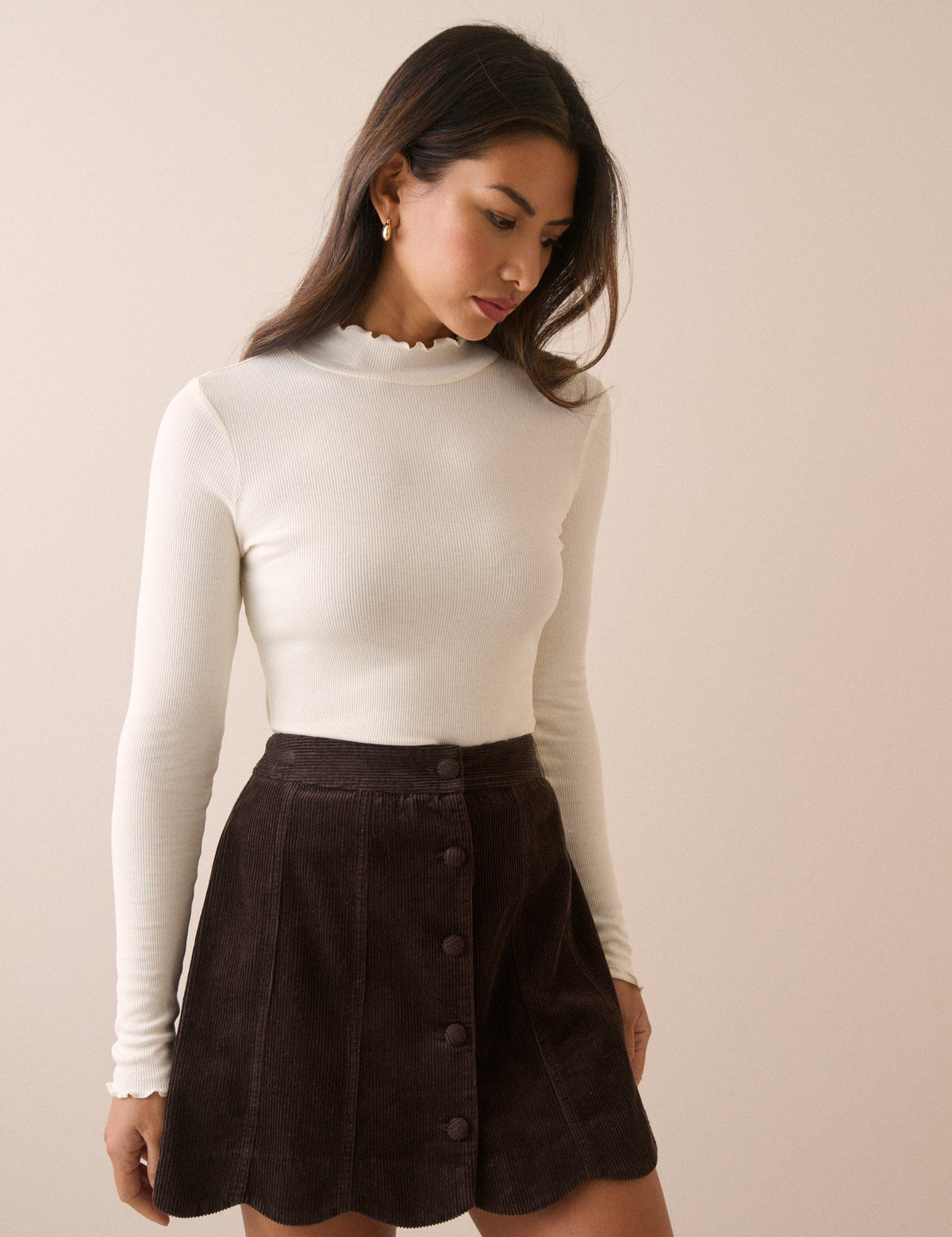 Cream High Neck Frill Long Sleeve Top