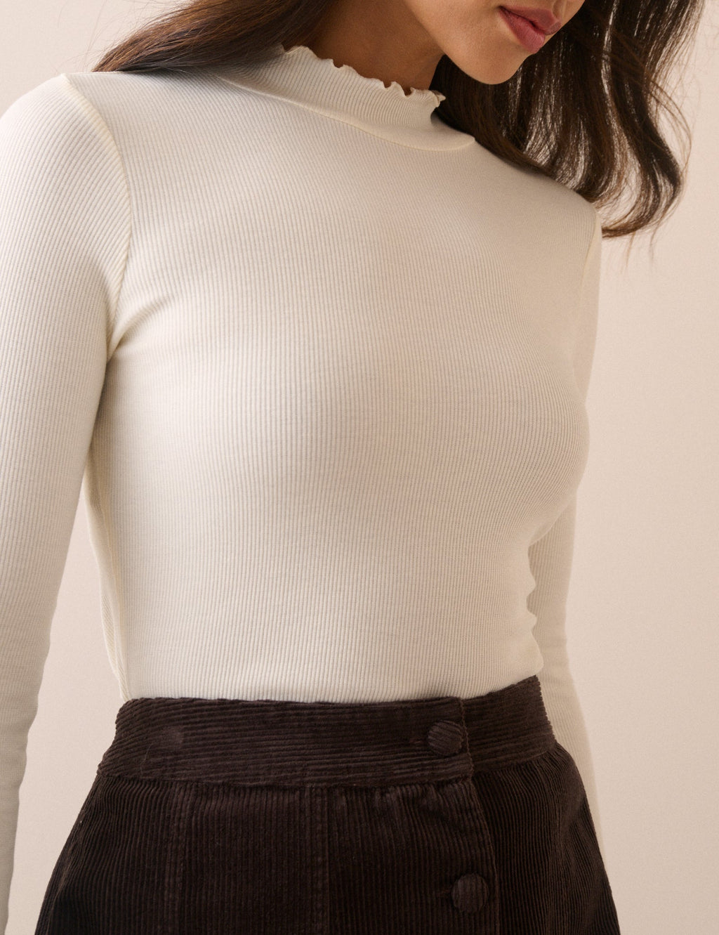 Cream High Neck Frill Long Sleeve Top