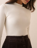 Cream High Neck Frill Long Sleeve Top