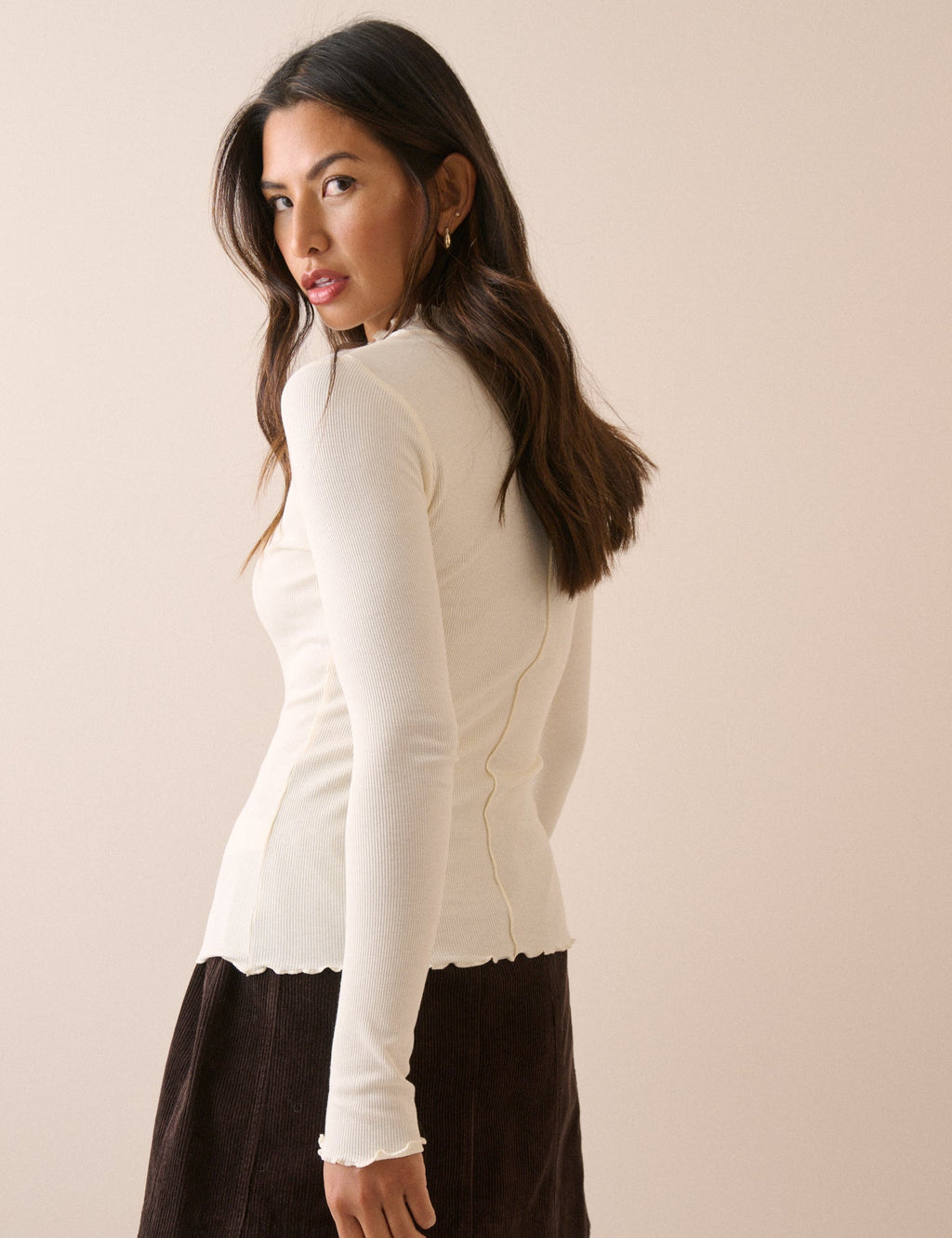 Cream High Neck Frill Long Sleeve Top