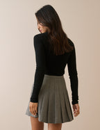 Grey Herringbone Pleated Mini Skirt