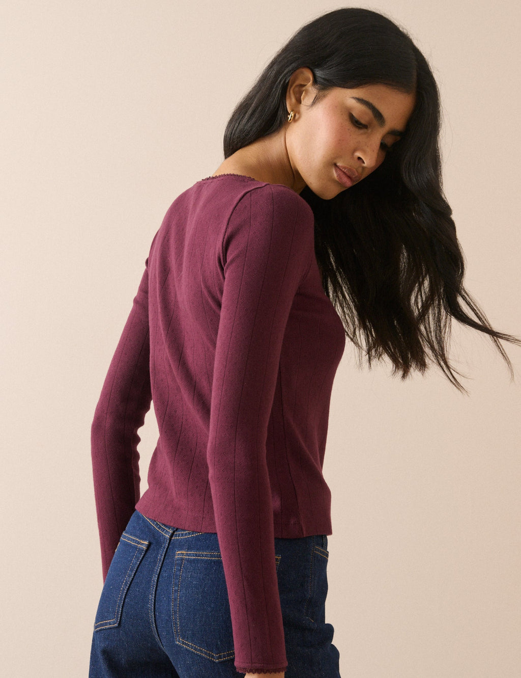 Burgundy Scoop Neck Pointelle Cardigan