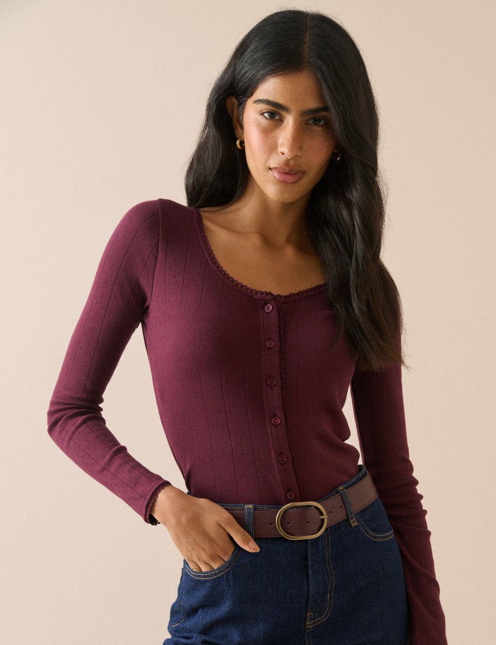 Burgundy Scoop Neck Pointelle Cardigan