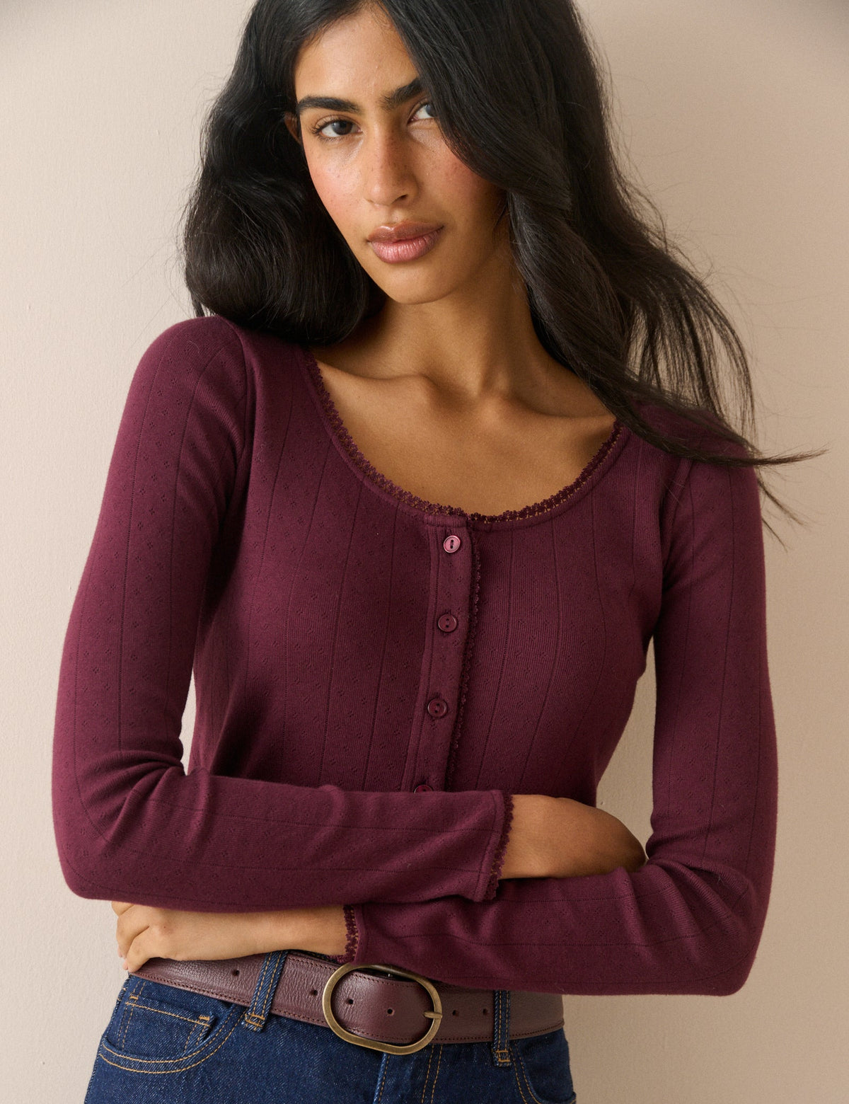 Burgundy Scoop Neck Pointelle Cardigan