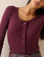 Burgundy Scoop Neck Pointelle Cardigan