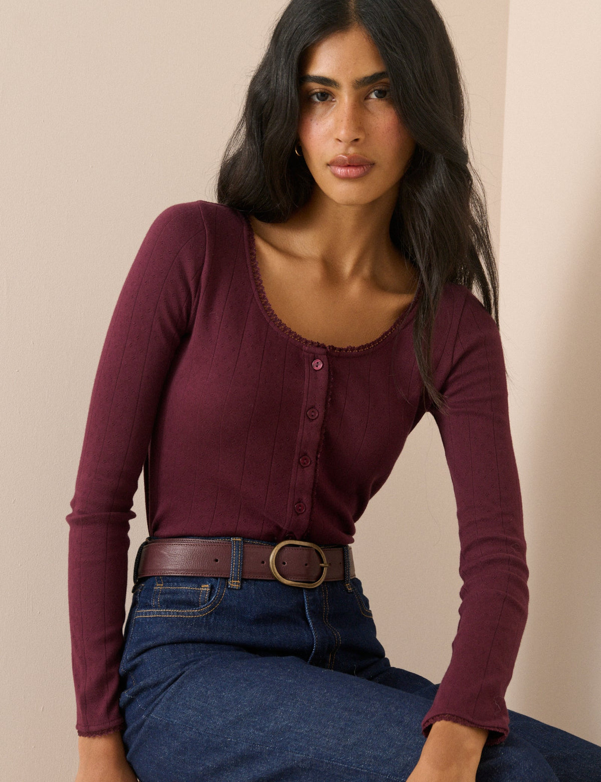 Burgundy Scoop Neck Pointelle Cardigan