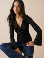 Black Velvet Floral Flute Sleeve Top