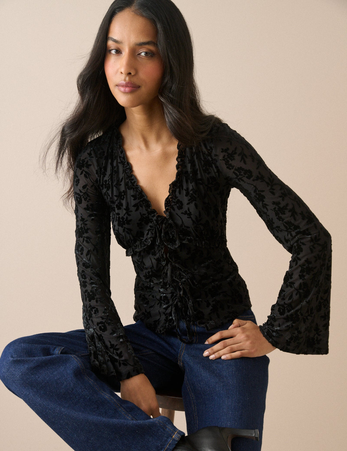 Black Velvet Floral Flute Sleeve Top