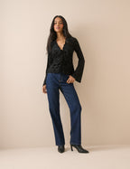 Black Velvet Floral Flute Sleeve Top