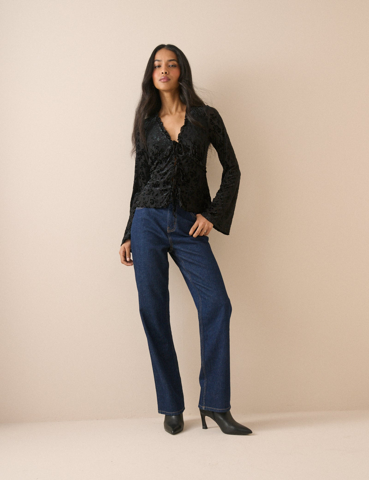 Black Velvet Floral Flute Sleeve Top