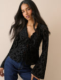 Black Velvet Floral Flute Sleeve Top