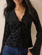 Black Velvet Floral Flute Sleeve Top
