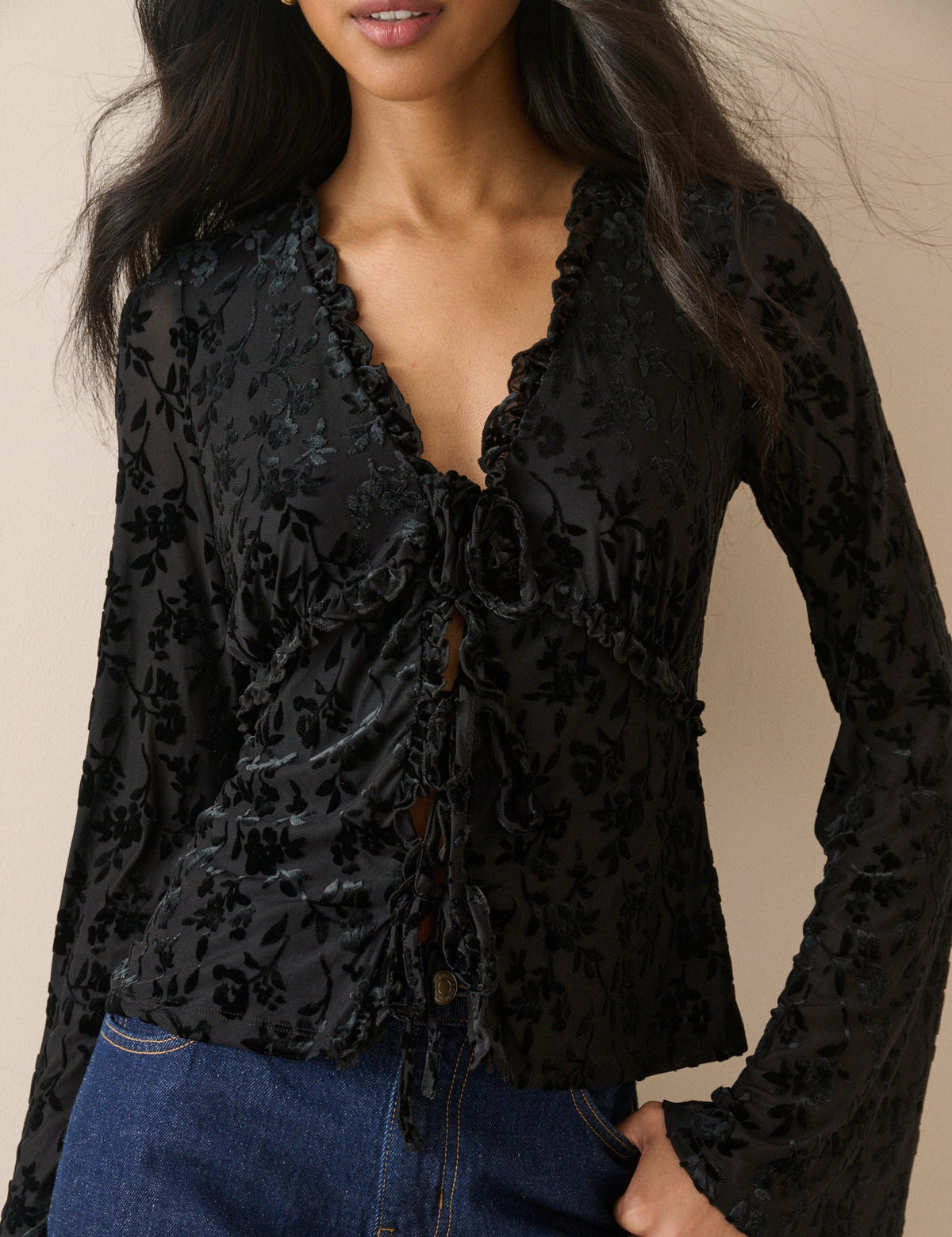 Black Velvet Floral Flute Sleeve Top