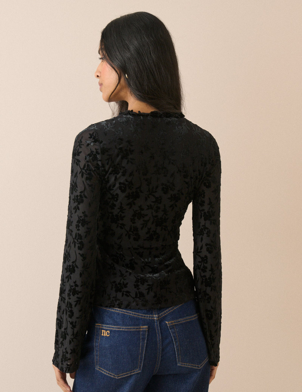 Black Velvet Floral Flute Sleeve Top