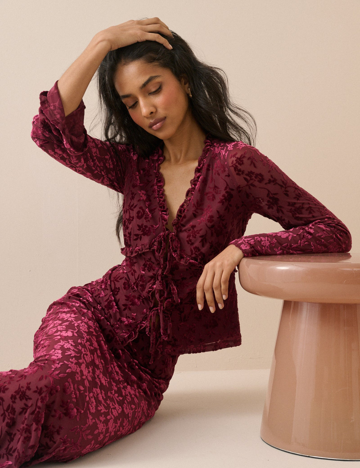 Burgundy Velvet Floral Flute Sleeve Top