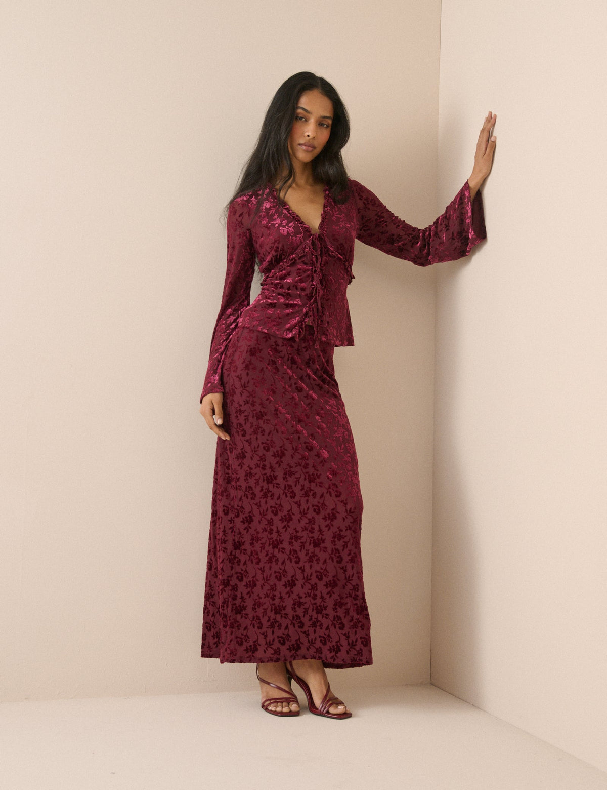 Burgundy Velvet Floral Flute Sleeve Top