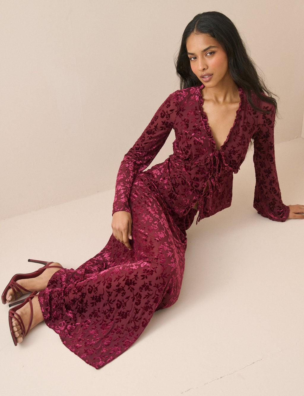 Burgundy Velvet Floral Jersey Maxi Skirt