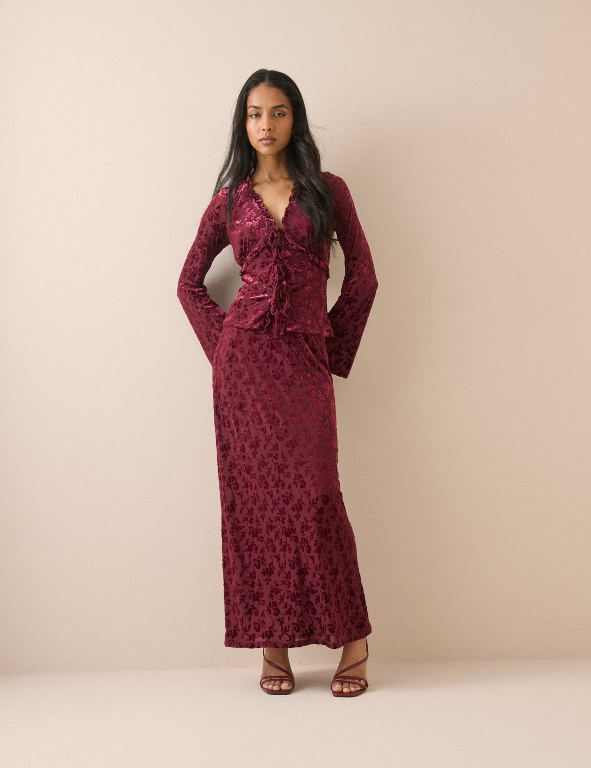 Burgundy Velvet Floral Jersey Maxi Skirt
