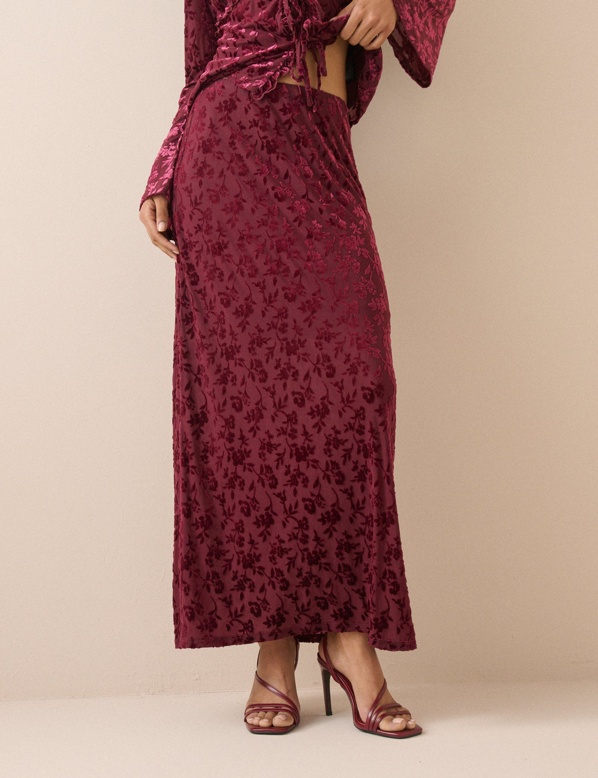 Burgundy Velvet Floral Jersey Maxi Skirt