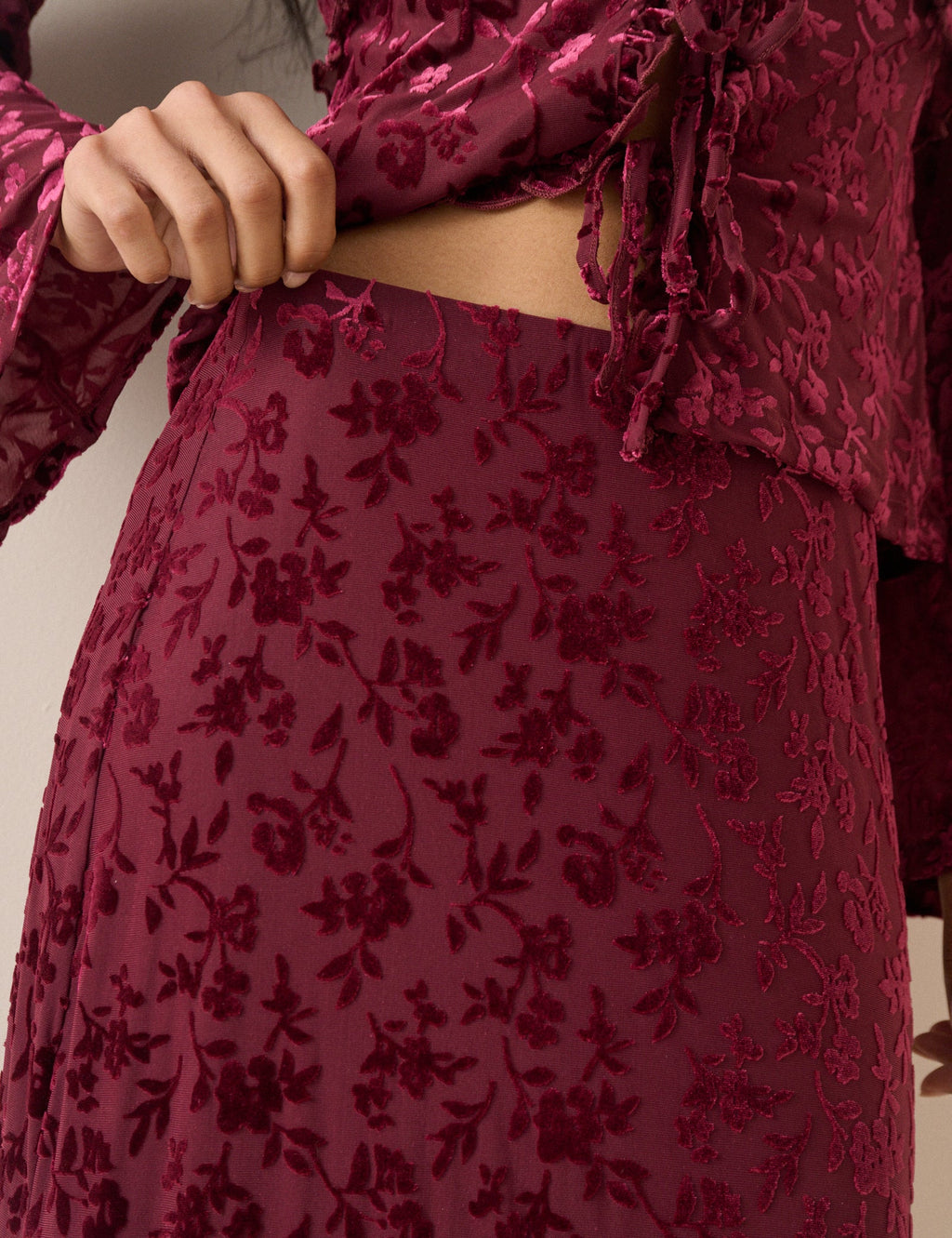 Burgundy Velvet Floral Jersey Maxi Skirt