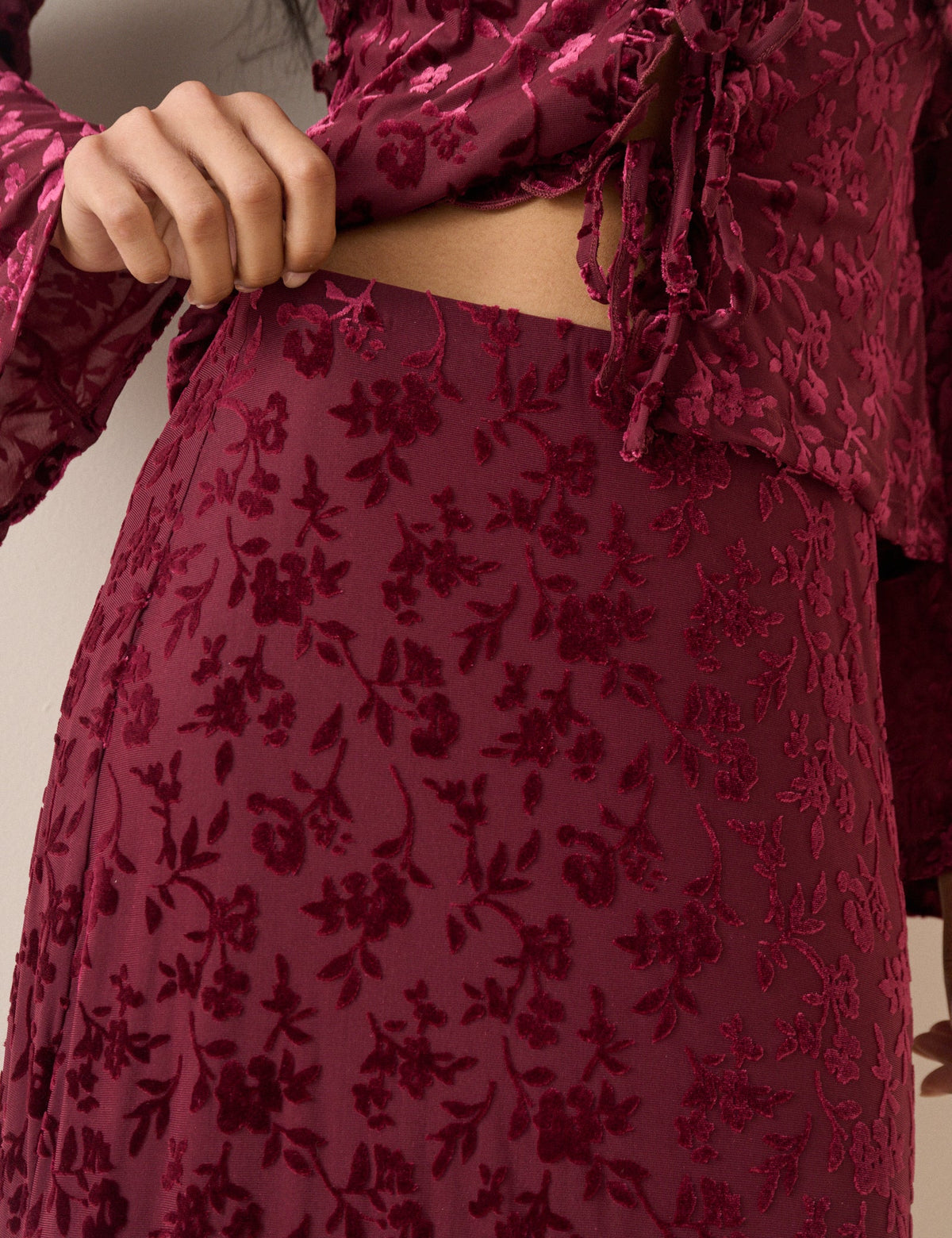 Burgundy Velvet Floral Jersey Maxi Skirt