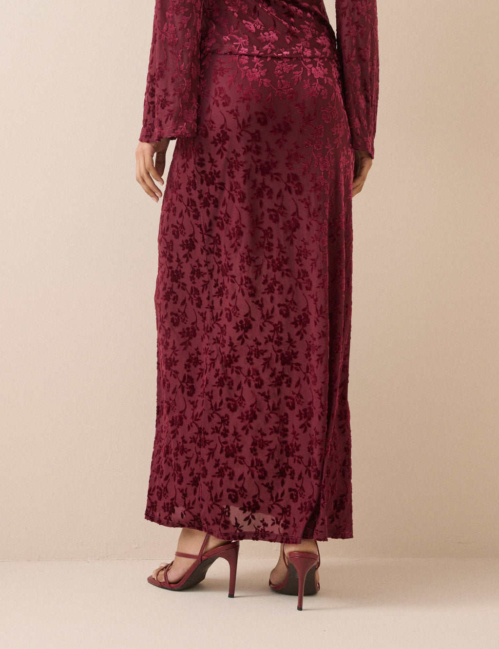 Burgundy Velvet Floral Jersey Maxi Skirt