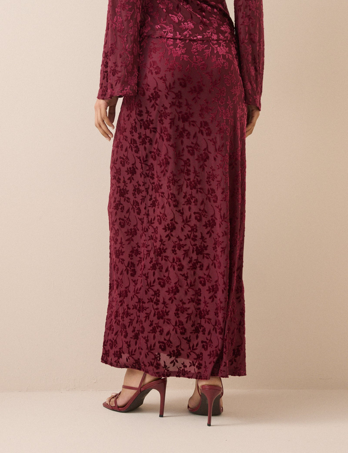 Burgundy Velvet Floral Jersey Maxi Skirt