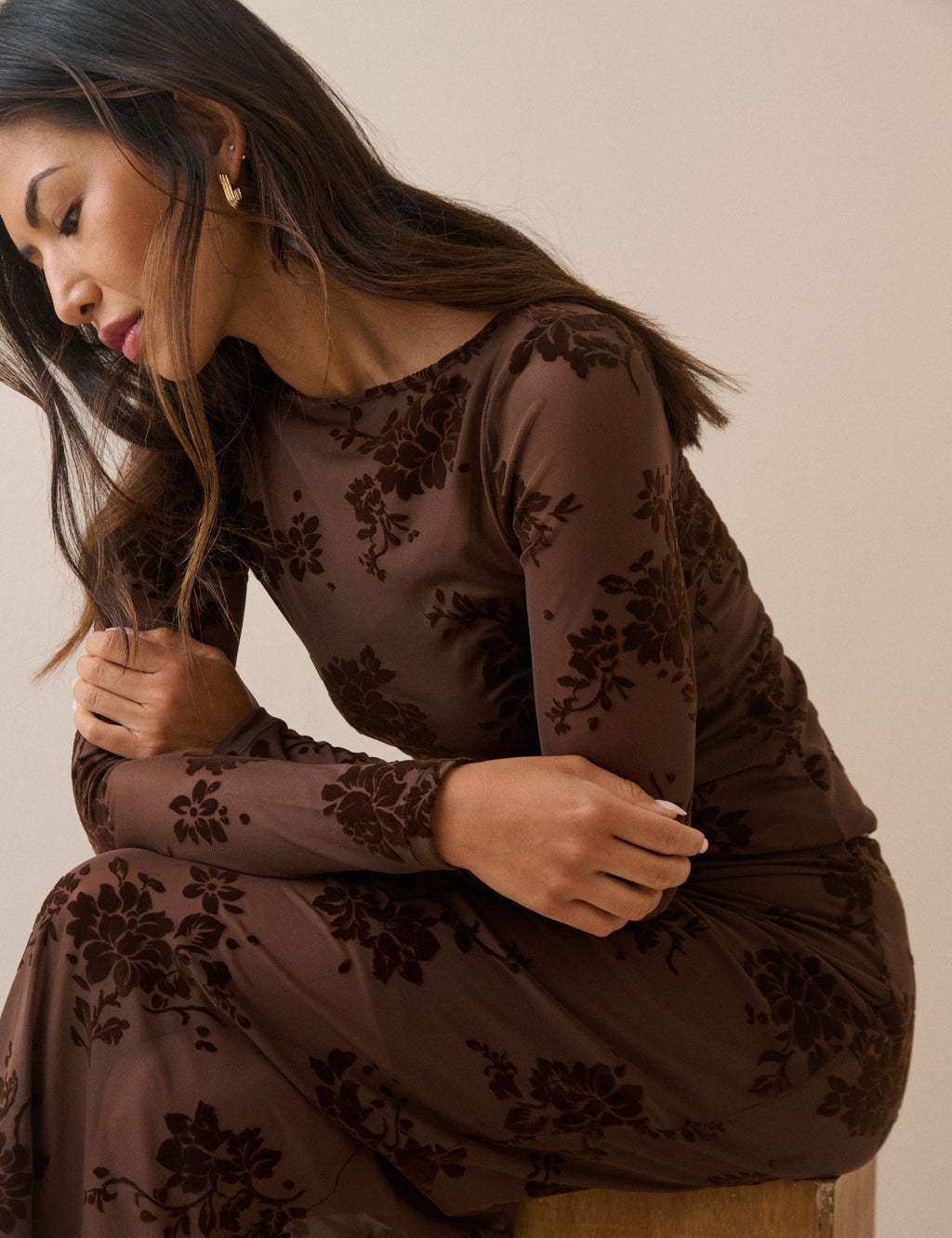 Brown Floral Mesh Long Sleeve Top