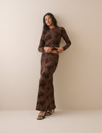 Brown Floral Mesh Long Sleeve Top