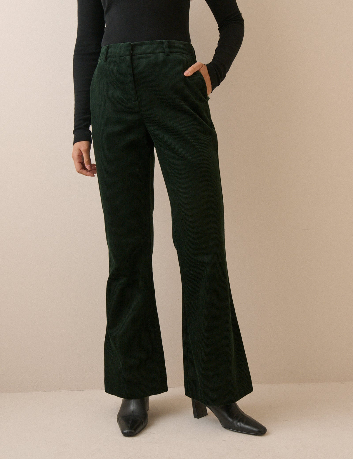 Dark Green Cord Flared Trousers