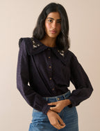 Navy Floral Embroidered Oversized Collar Blouse