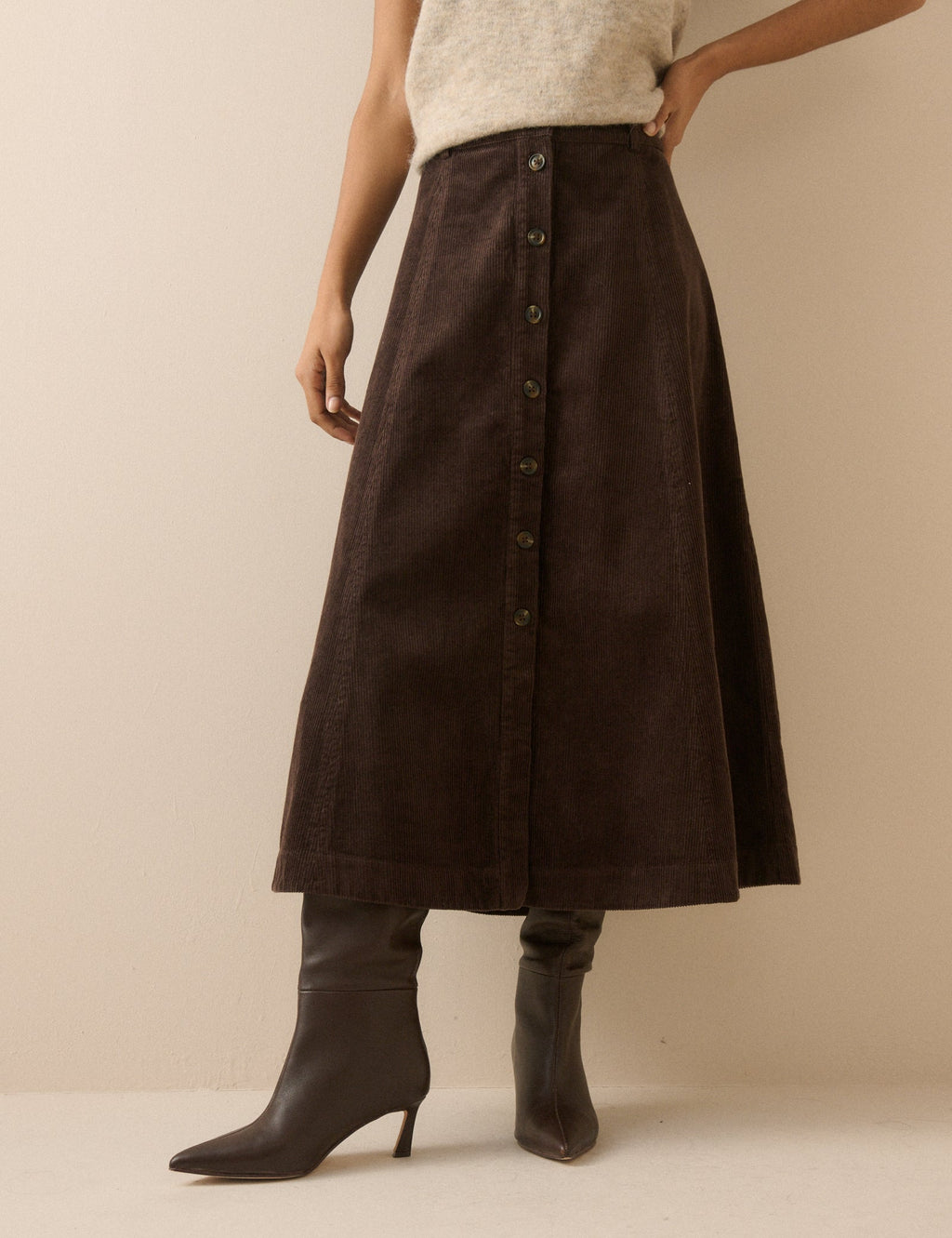 Brown Button Down Cord Midi Skirt